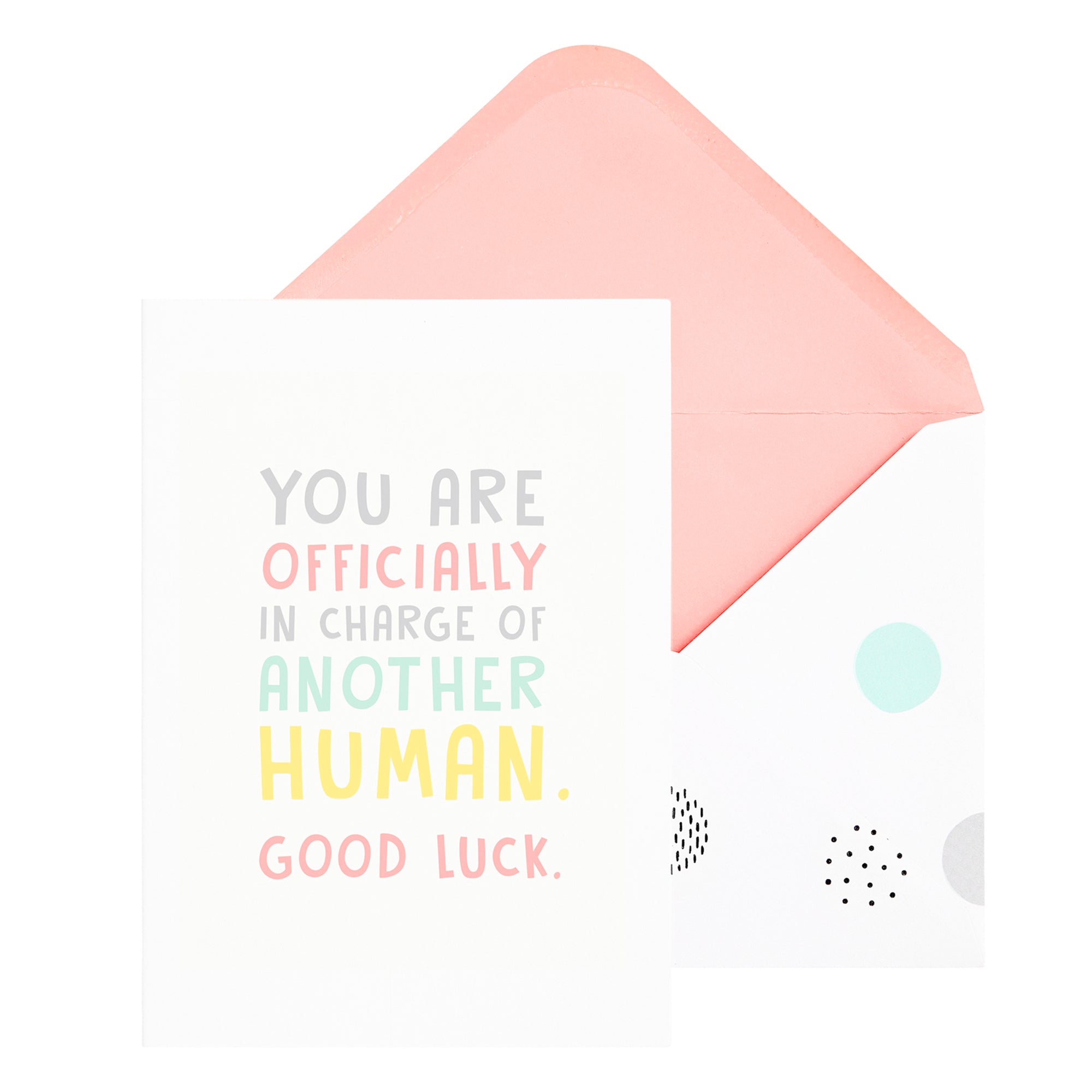 "You are officially in charge of another human. Good luck" card